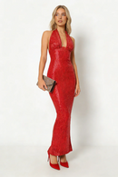 Barron Halter Sequin Embellished Gown In Red