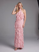 Galilahi Halter Ruffle Detail Maxi Dress In Pink