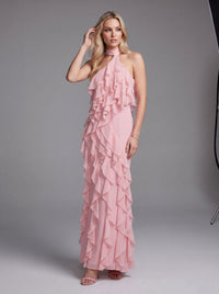 Galilahi Halter Ruffle Detail Maxi Dress In Pink