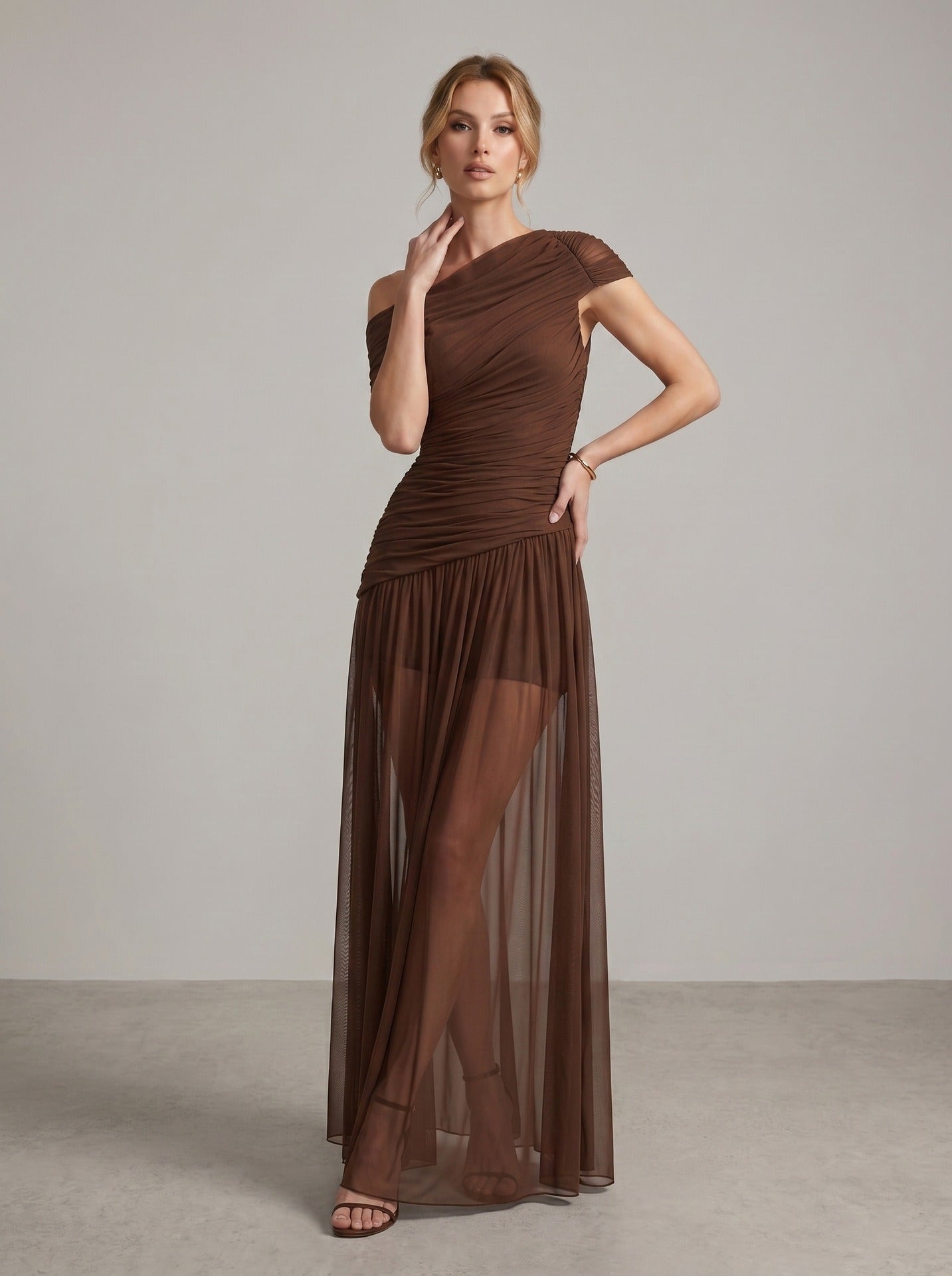 Granny Draped One Shoulder Bardot Maxi Dress