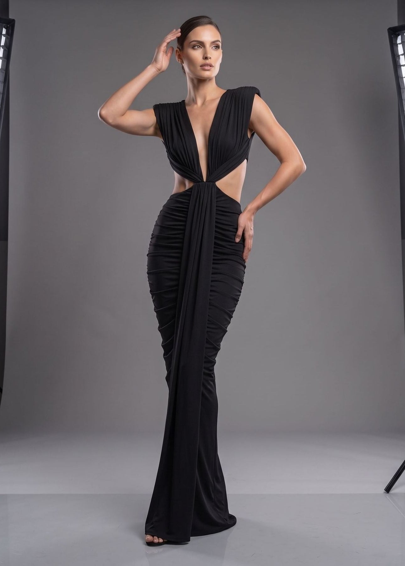 Abrisca Black Ruched Cutout Maxi Dress