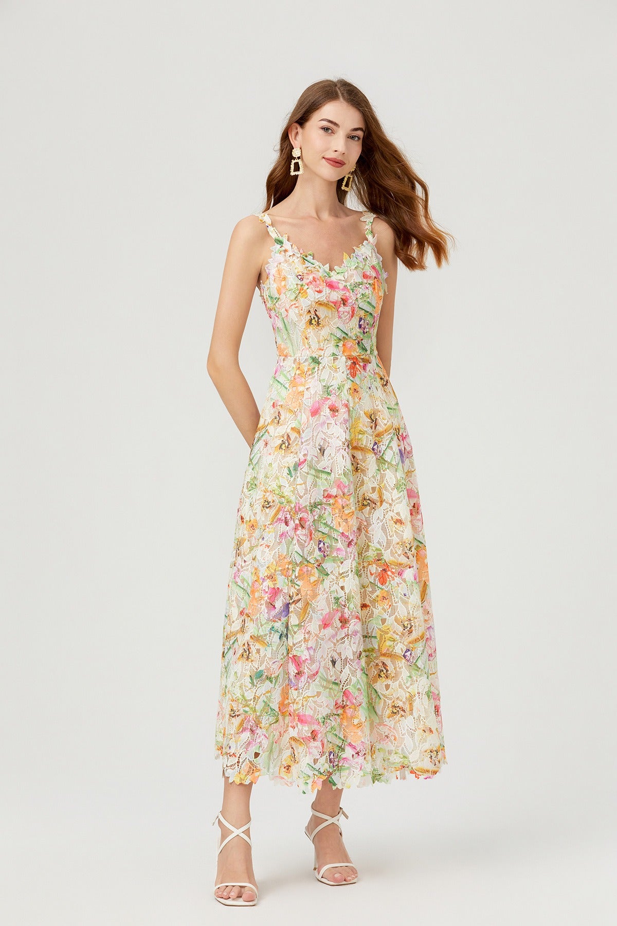 Aryana Lace Floral Embroidered Midi Dress