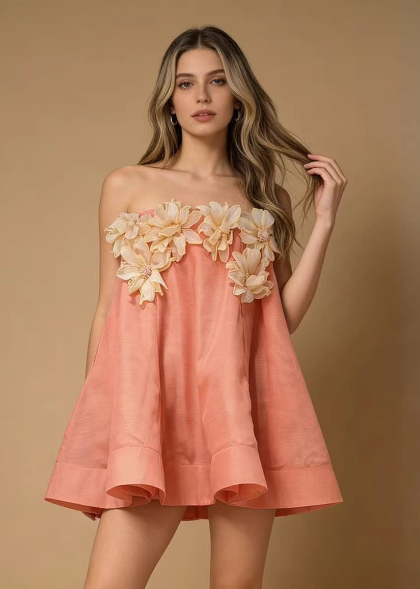 Ravixor Strapless Flower Mini Dress In Coral