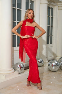 Avalira Strapless Floral Maxi Dress In Red