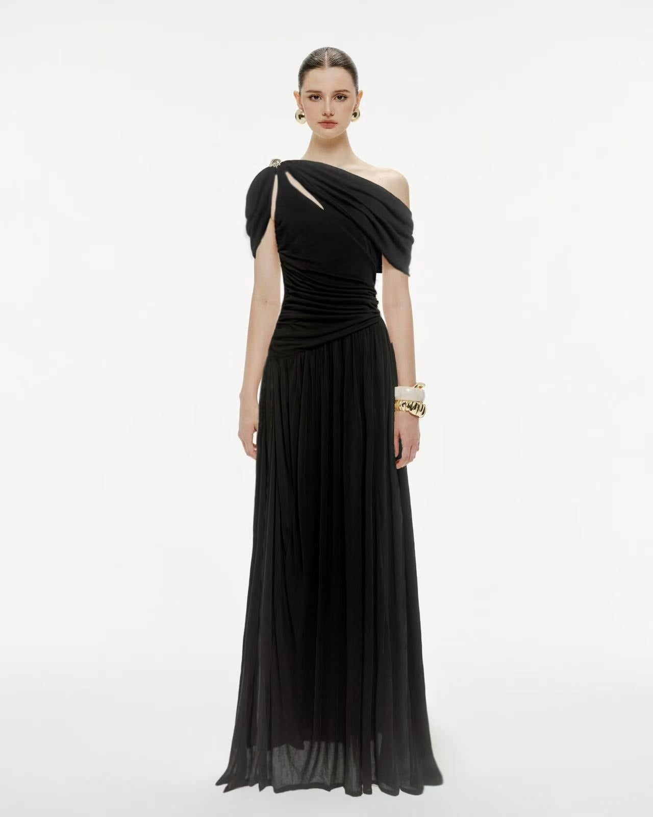 Elese White Asymmetrical Gathered Maxi Dress