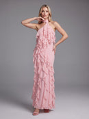 Galilahi Halter Ruffle Detail Maxi Dress In Pink