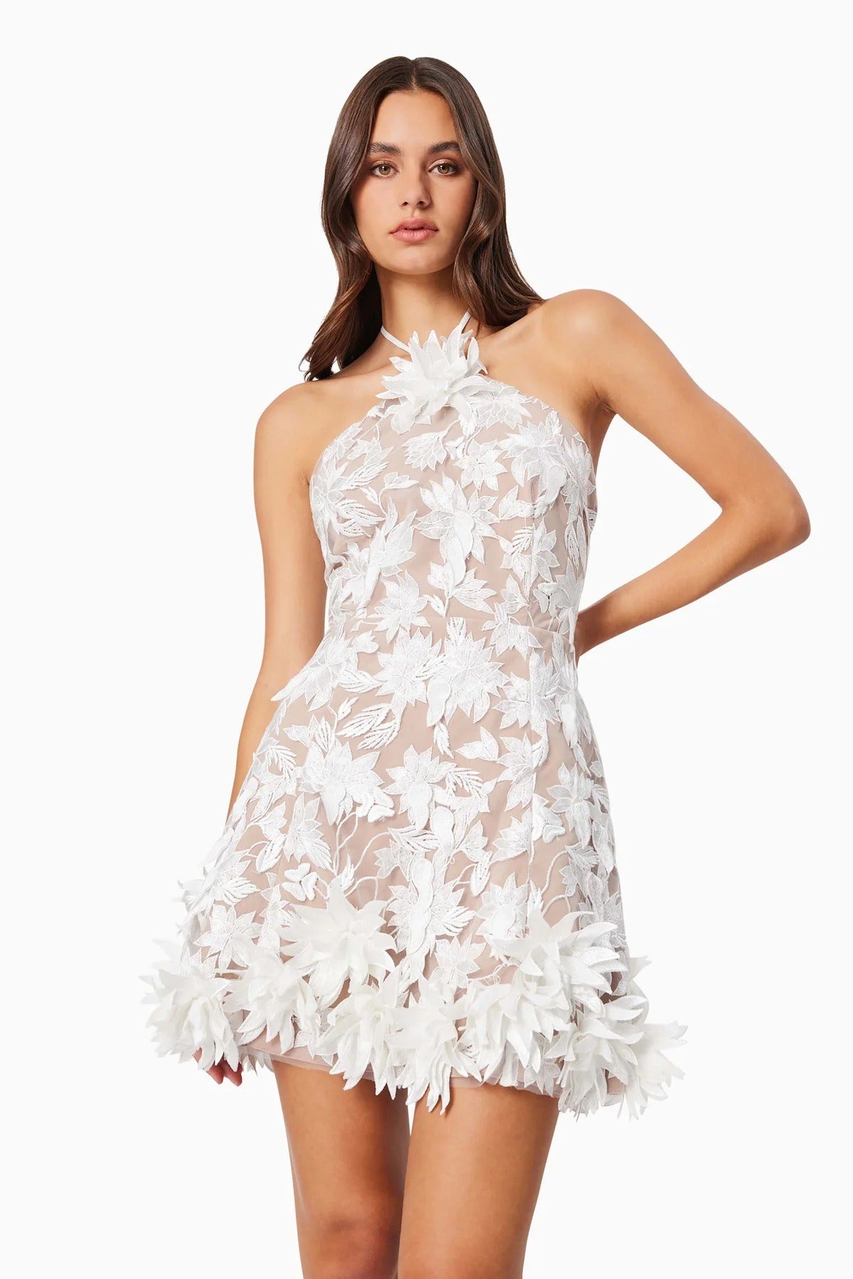 Raziya Halter Floral Embroidered Mini Dress In White