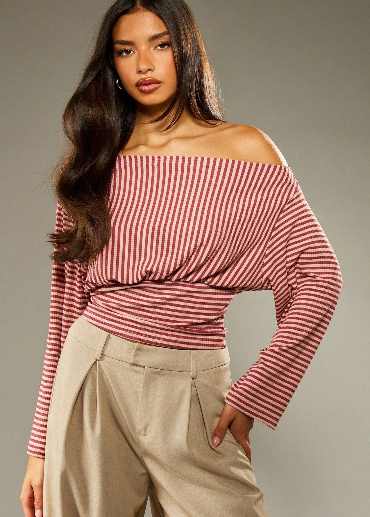 Carvix Off Shoulder Striped Fitted Top With Ruched Waist