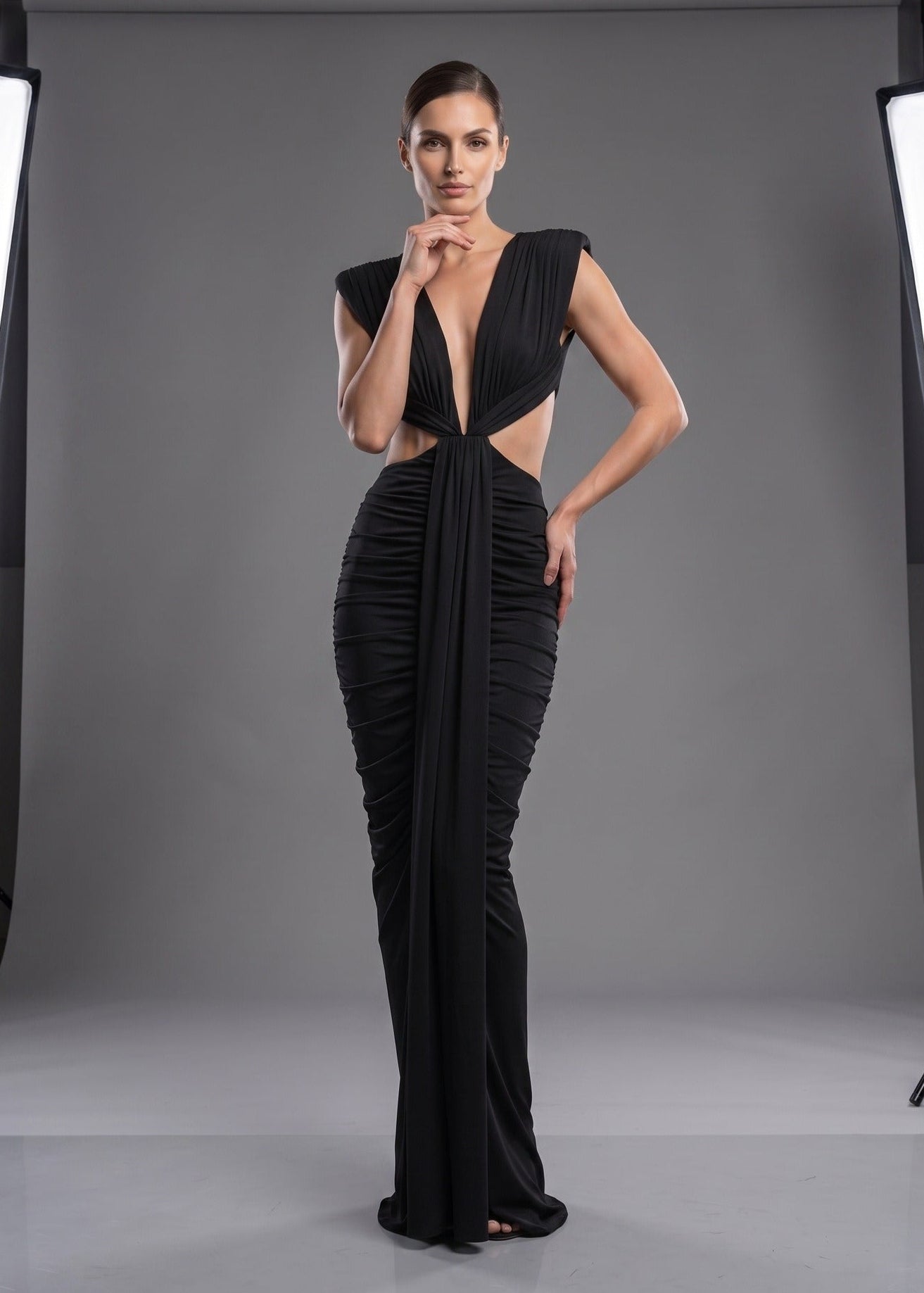 Abrisca Black Ruched Cutout Maxi Dress