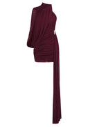 Dunia One Shoulder Asymmetric Draped Mini Dress In Wine