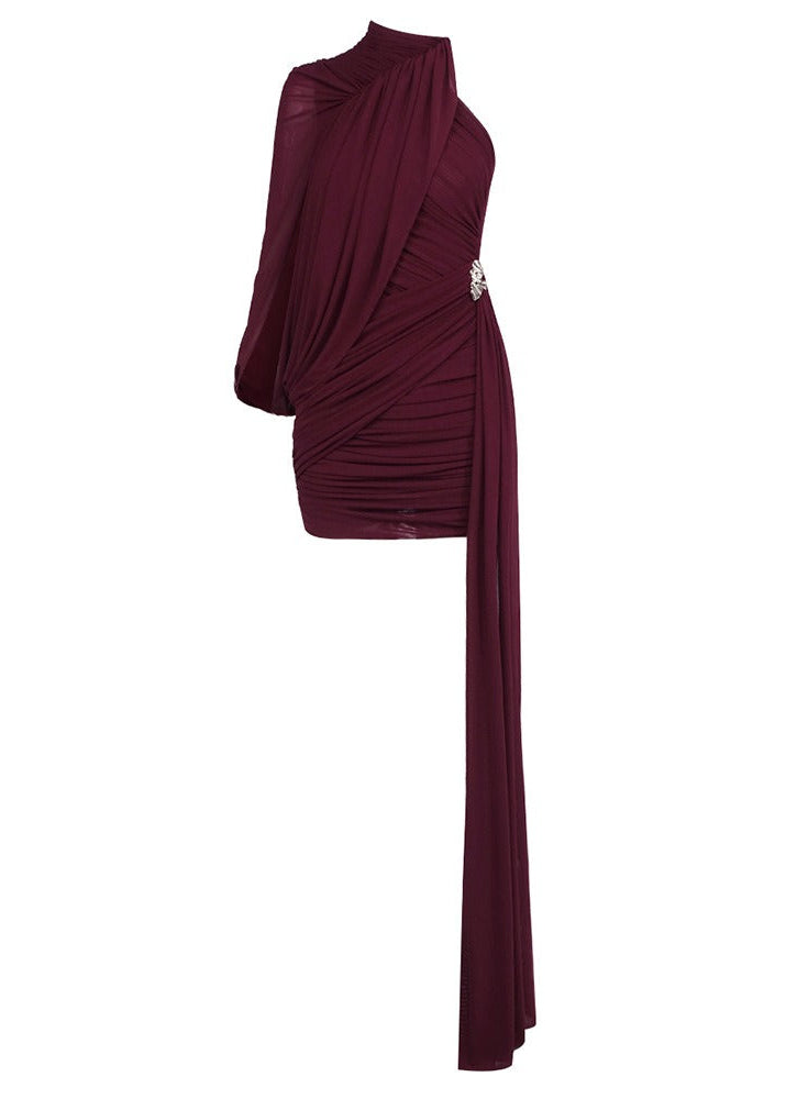Dunia One Shoulder Asymmetric Draped Mini Dress In Wine