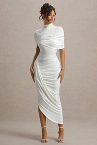 Avelis Asymmetric Twisted Cape Midi Dress In White
