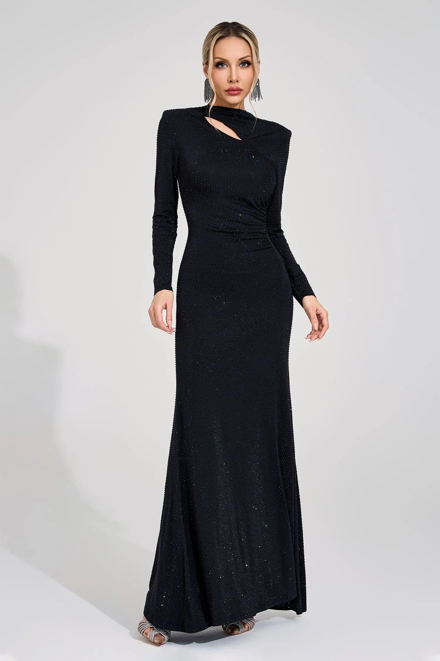 Antares Long Sleeve Embellished Maxi Dress In Black