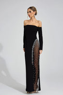 Saelith Long Sleeve Bardot Crystal Mesh Maxi Dress In Black