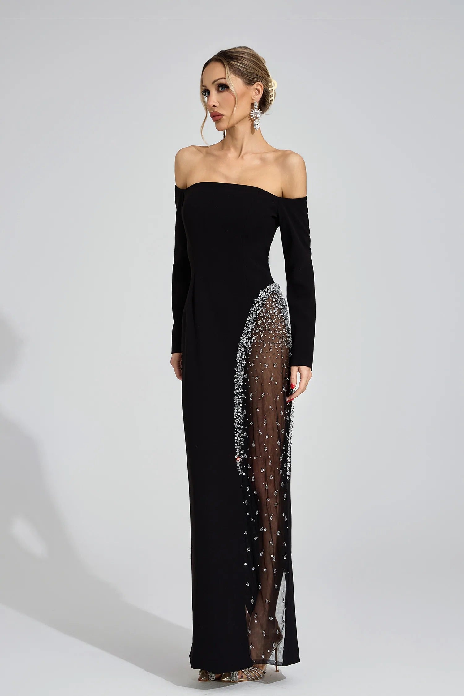 Saelith Long Sleeve Bardot Crystal Mesh Maxi Dress In Black