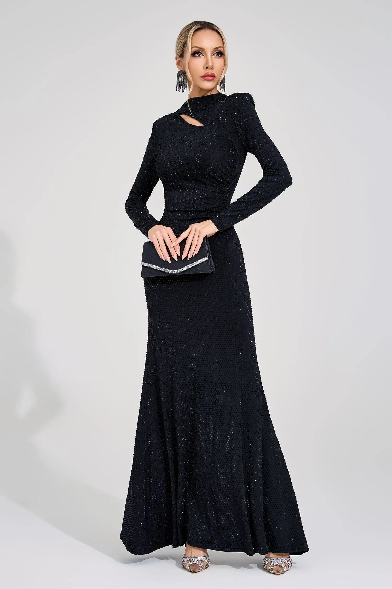 Antares Long Sleeve Embellished Maxi Dress In Black