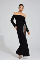 Saelith Long Sleeve Bardot Crystal Mesh Maxi Dress In Black