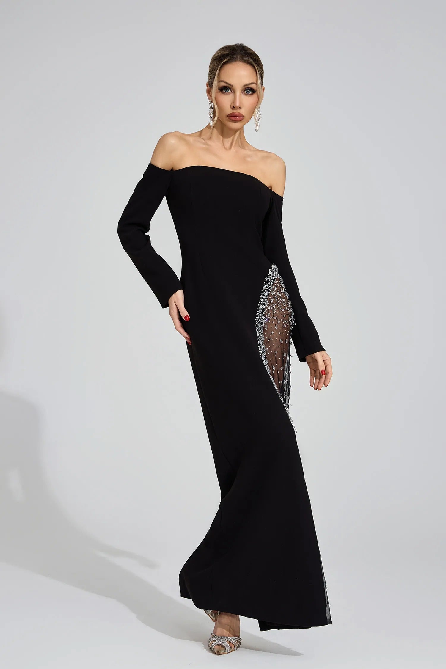 Saelith Long Sleeve Bardot Crystal Mesh Maxi Dress In Black