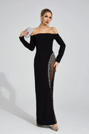 Saelith Long Sleeve Bardot Crystal Mesh Maxi Dress In Black