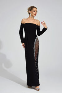 Saelith Long Sleeve Bardot Crystal Mesh Maxi Dress In Black