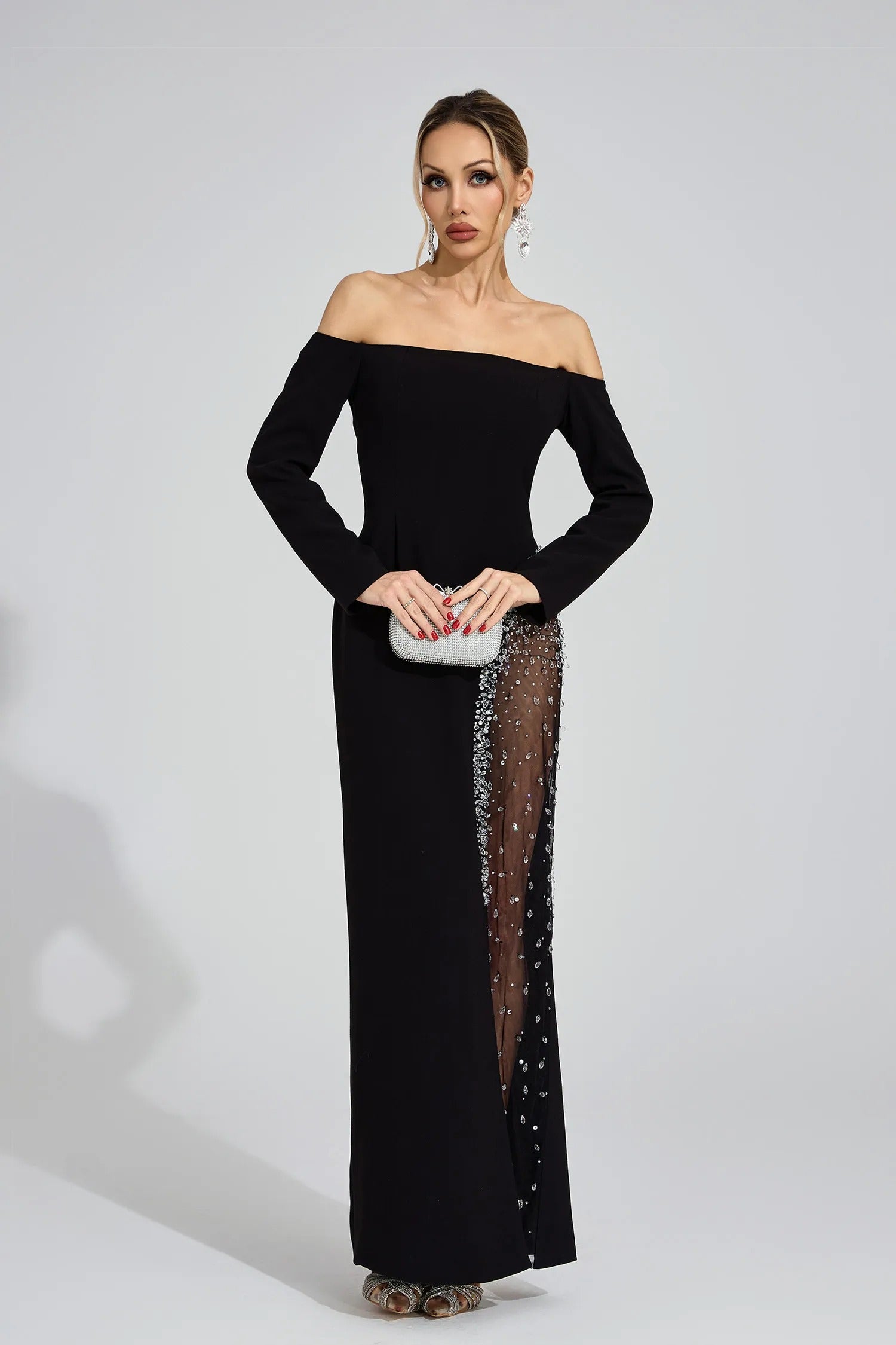 Saelith Long Sleeve Bardot Crystal Mesh Maxi Dress In Black