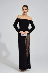 Saelith Long Sleeve Bardot Crystal Mesh Maxi Dress In Black