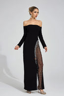 Saelith Long Sleeve Bardot Crystal Mesh Maxi Dress In Black
