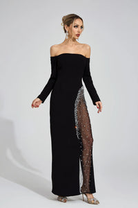 Saelith Long Sleeve Bardot Crystal Mesh Maxi Dress In Black