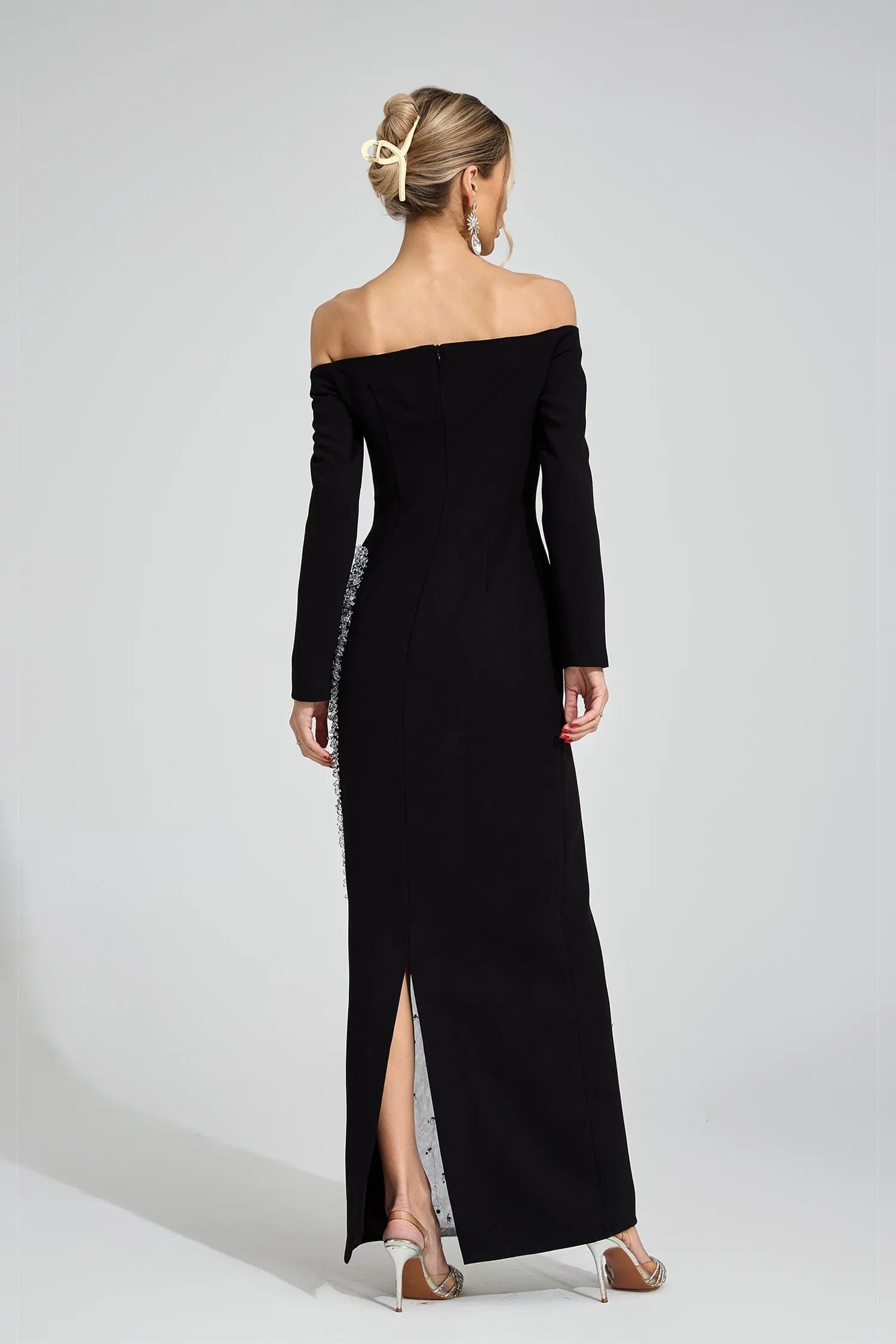 Saelith Long Sleeve Bardot Crystal Mesh Maxi Dress In Black