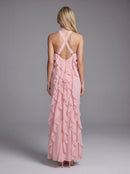 Galilahi Halter Ruffle Detail Maxi Dress In Pink