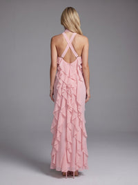 Galilahi Halter Ruffle Detail Maxi Dress In Pink