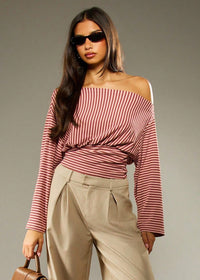 Carvix Off Shoulder Striped Fitted Top With Ruched Waist