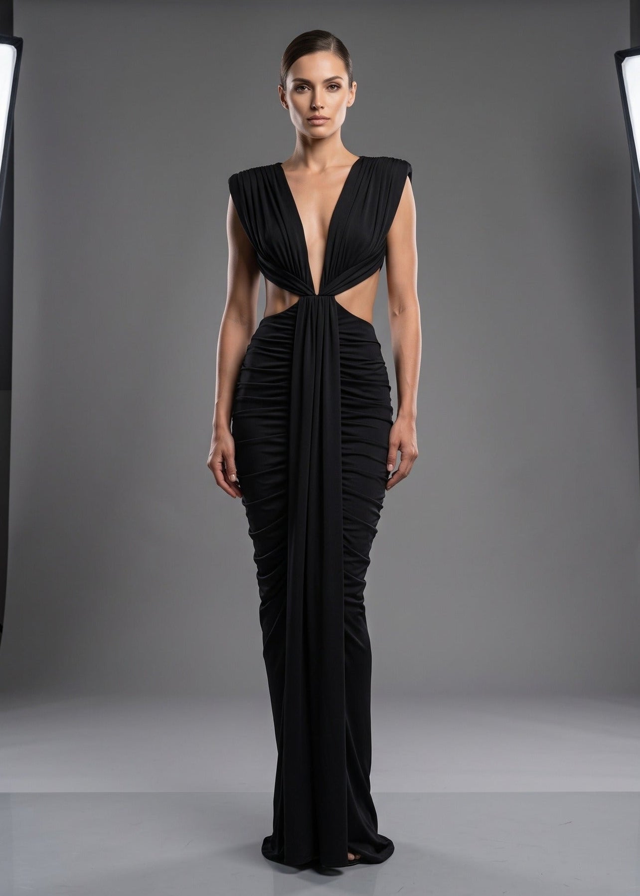 Abrisca Black Ruched Cutout Maxi Dress