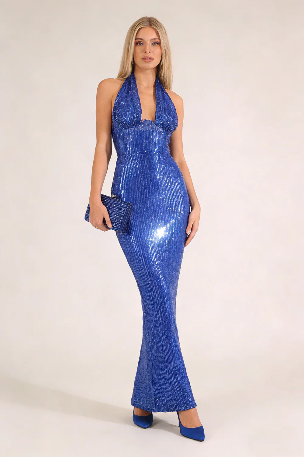 Barron Halter Sequin Embellished Gown In Blue