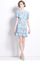 Kryzelle Blue Floral-Appliqué Ruffled Lace Mini Dress