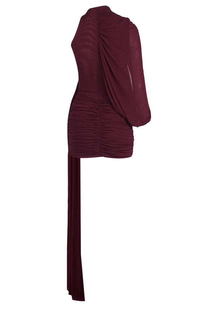 Dunia One Shoulder Asymmetric Draped Mini Dress In Wine