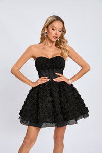 Osorio Strapless 3D Floral A Line Mini Dress In Black