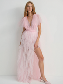 Balthion Lace insert Mesh Ruffle Maxi Dress In Pink