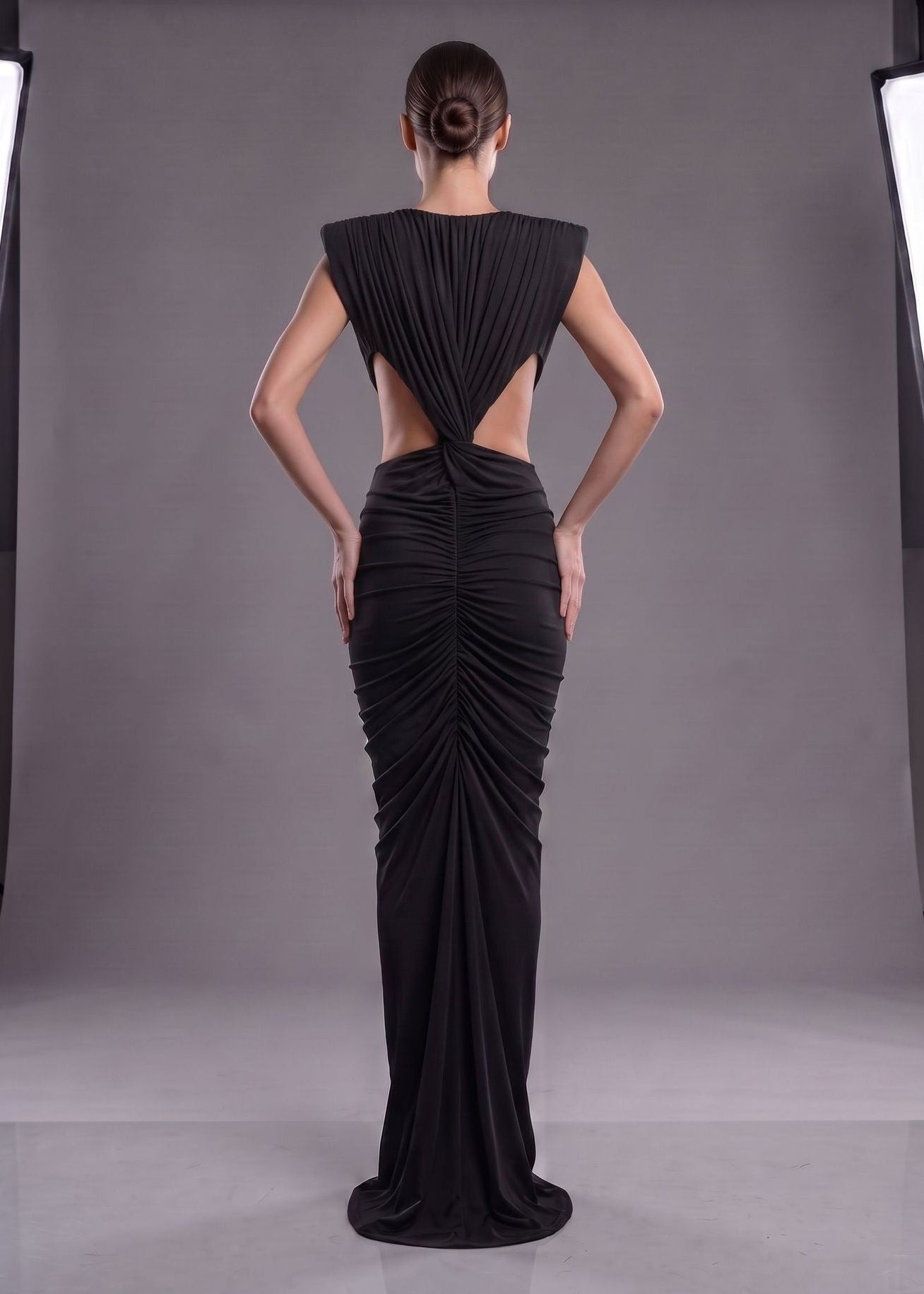 Abrisca Black Ruched Cutout Maxi Dress