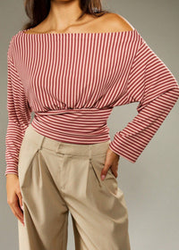 Carvix Off Shoulder Striped Fitted Top With Ruched Waist