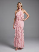 Galilahi Halter Ruffle Detail Maxi Dress In Pink