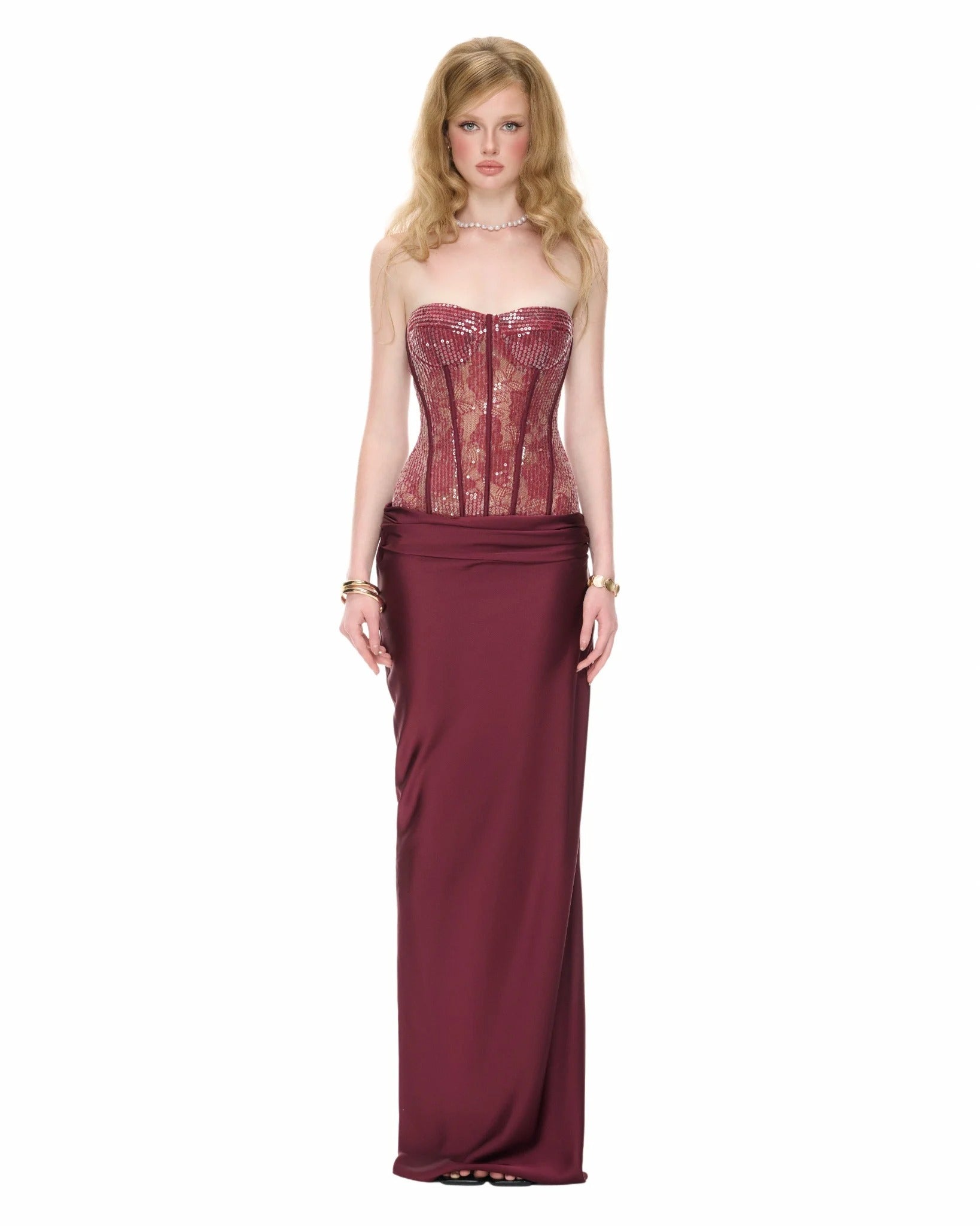 Aroxis Burgundy Sequin Maxi Dress with Lace Panels