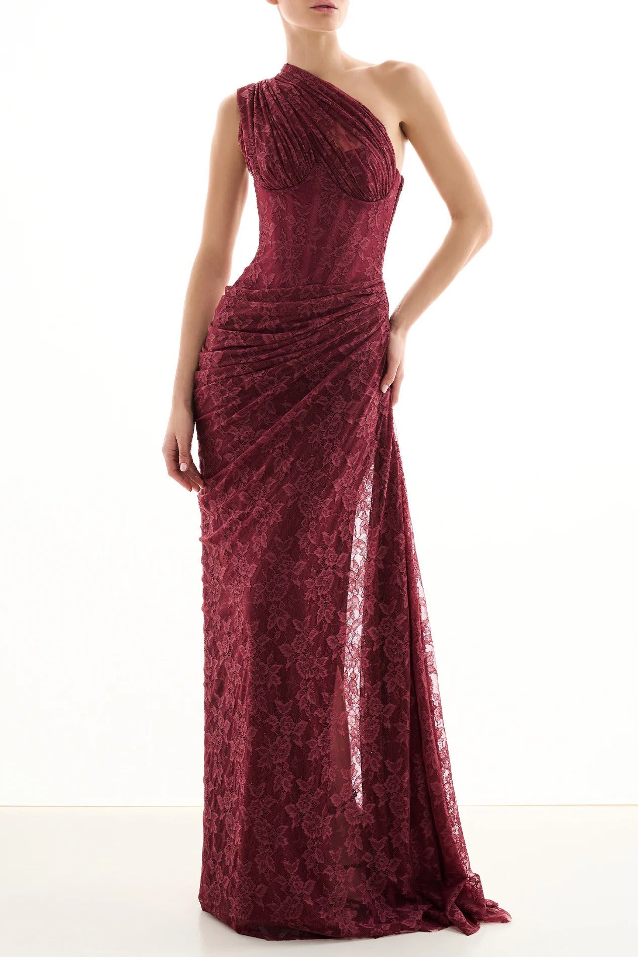 Minya One Shoulder Draped Lace Maxi Dress In Burgundy