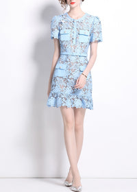 Kryzelle Blue Floral-Appliqué Ruffled Lace Mini Dress