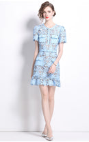 Kryzelle Blue Floral-Appliqué Ruffled Lace Mini Dress