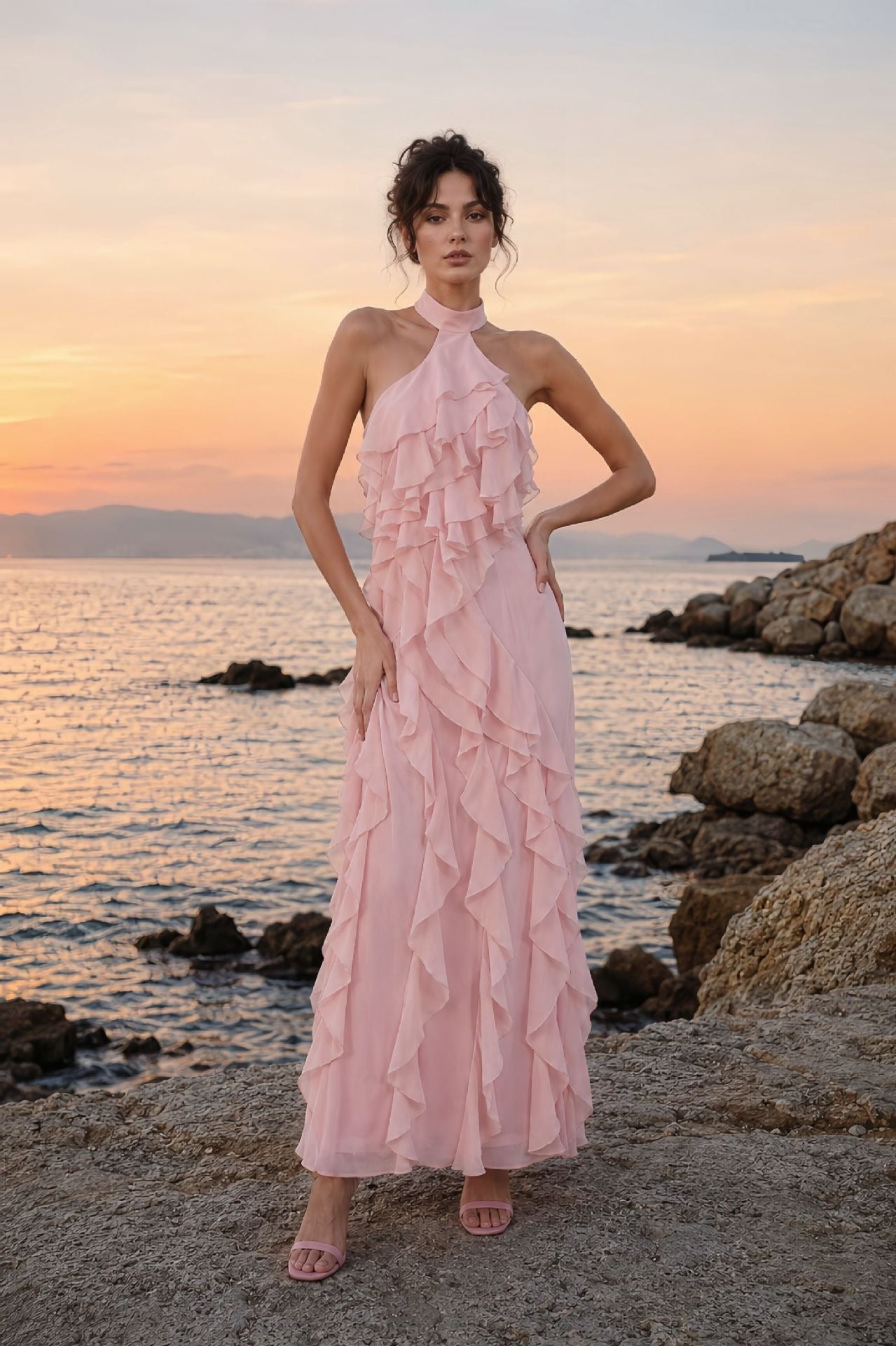 Galilahi Halter Ruffle Detail Maxi Dress In Pink
