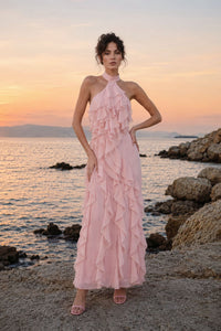 Galilahi Halter Ruffle Detail Maxi Dress In Pink