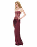 Aroxis Burgundy Sequin Maxi Dress with Lace Panels
