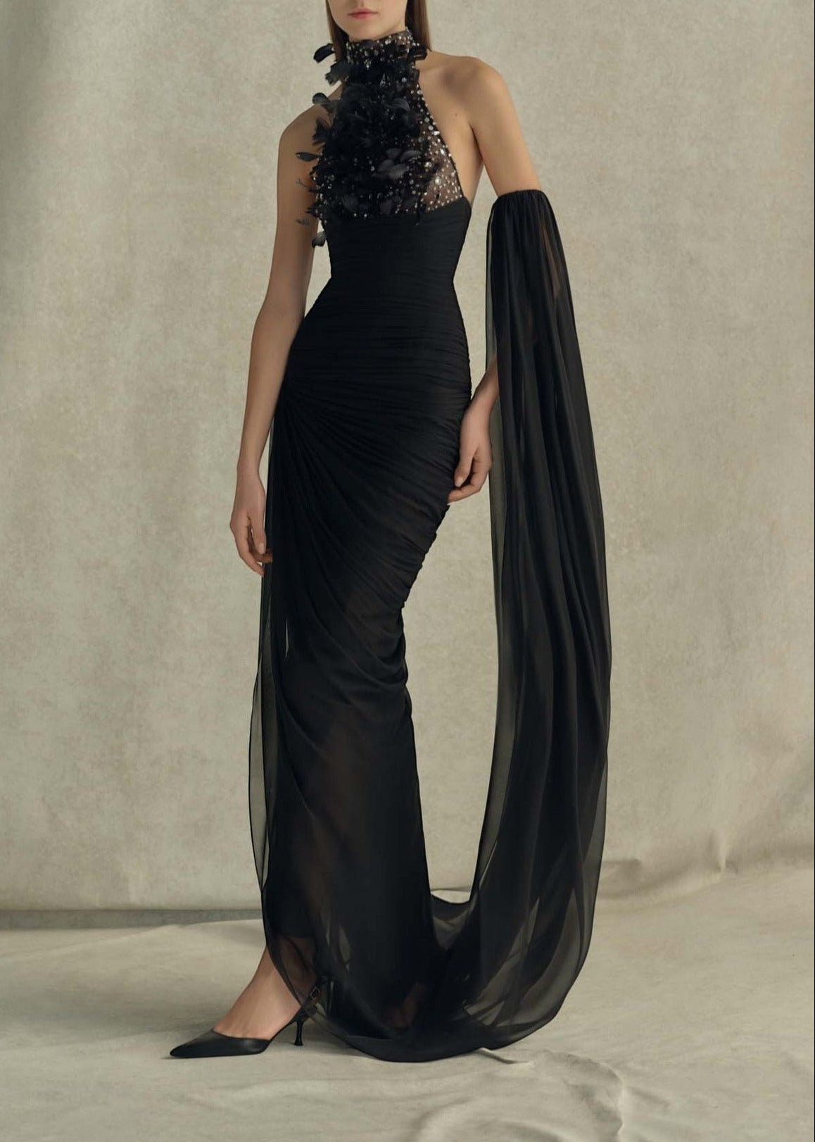 Sylvaren Halter Crystal Feather Draped Mesh Maxi Dress