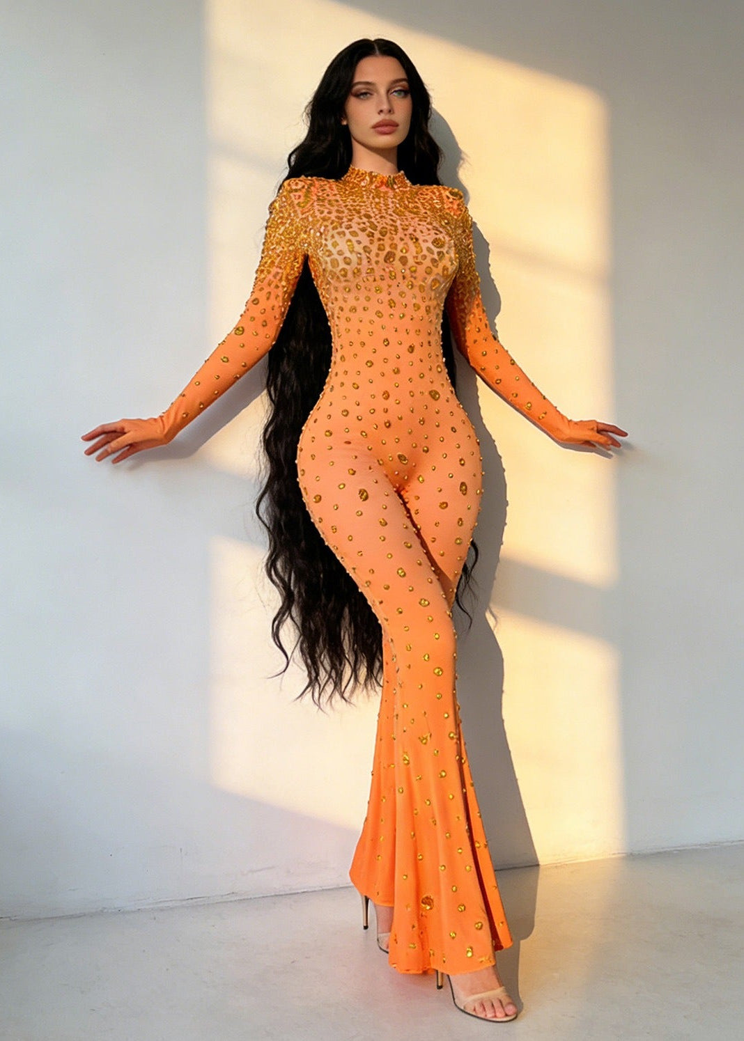 Erela Diamond Mesh Jumpsuit In Orange